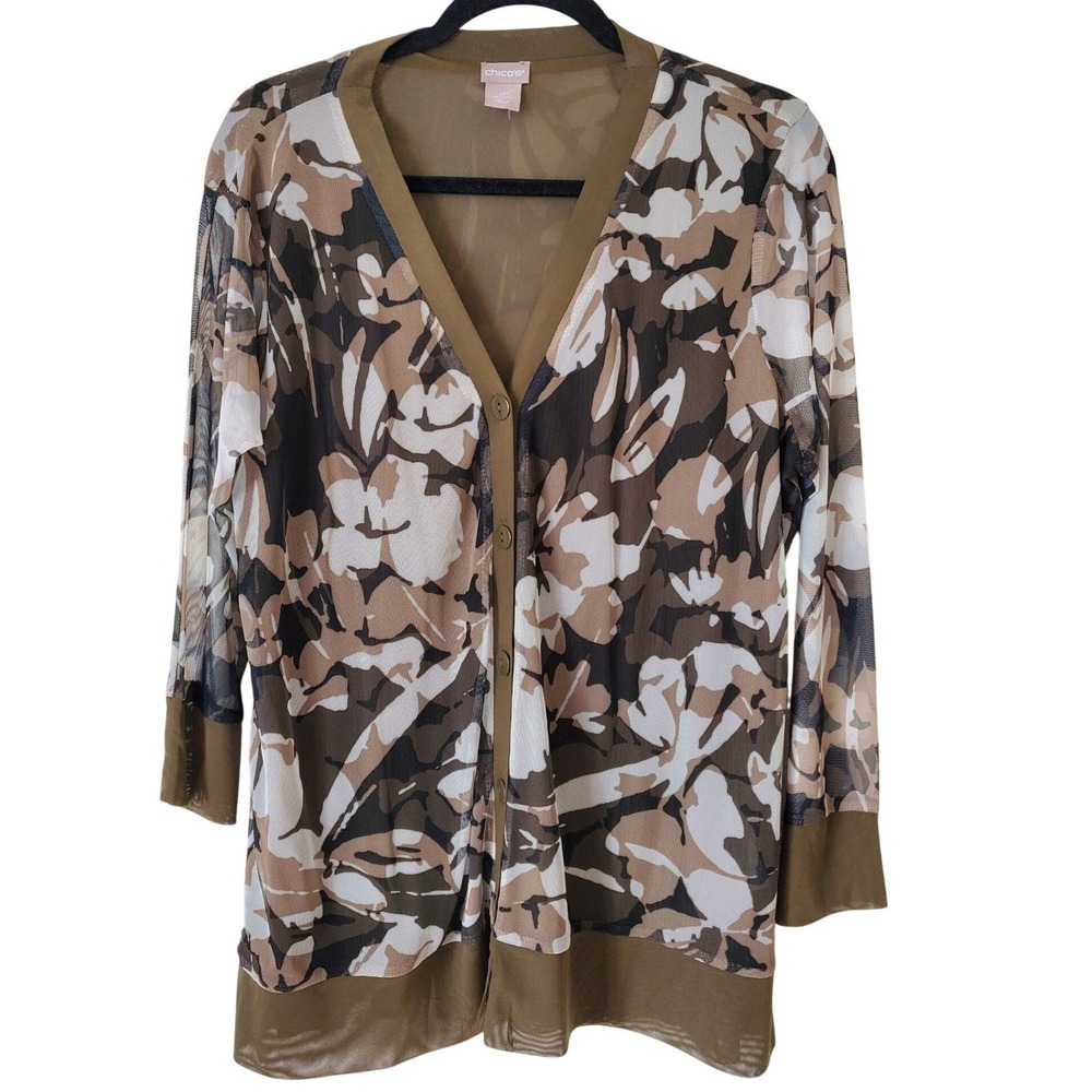 Chicos 2 Petite Mesh Button Front‎ Cardigan Floral Olive Green V-Neck Large
